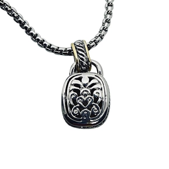 Silver & Gold Tone Rolo Chain Necklace With Hollow Rectangle Pendant (5817) - Picture 6 of 6